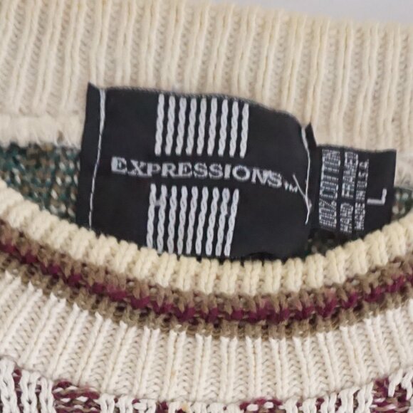 VTG Expressions Ivory Cotton Patterned Knit Retro Cabincore Eclectic Sweater L - Picture 9 of 12